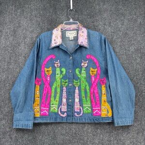 VTG Tantrums Denim Cat Lady Shacket Women’s PM Kitsch Whimsy Folk Art Grannycore